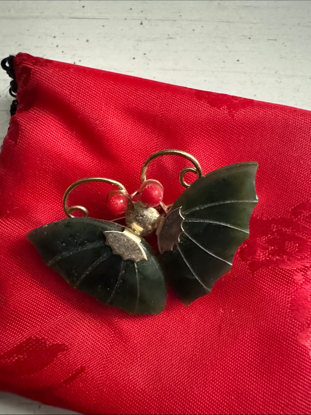 Vintage Green Jade Butterfly Brooch with Red Bead Accents
